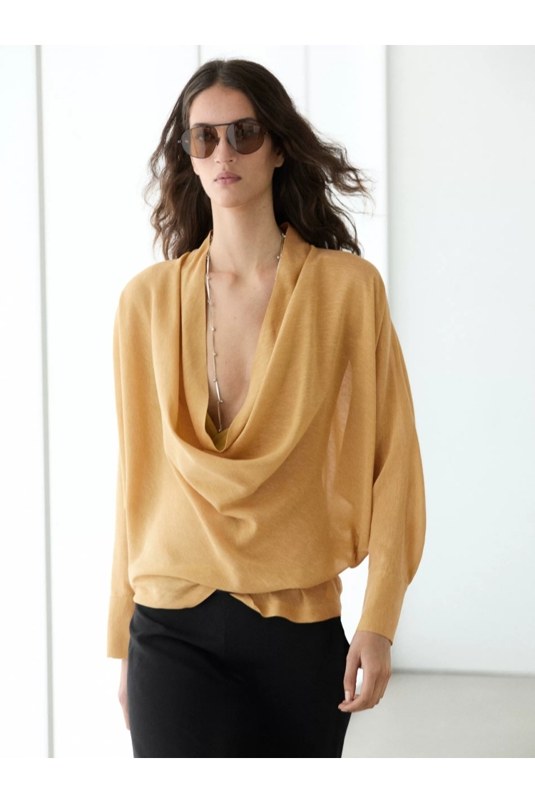 Women's Linen Draped Cowl-Neck Long-Sleeve Blouse