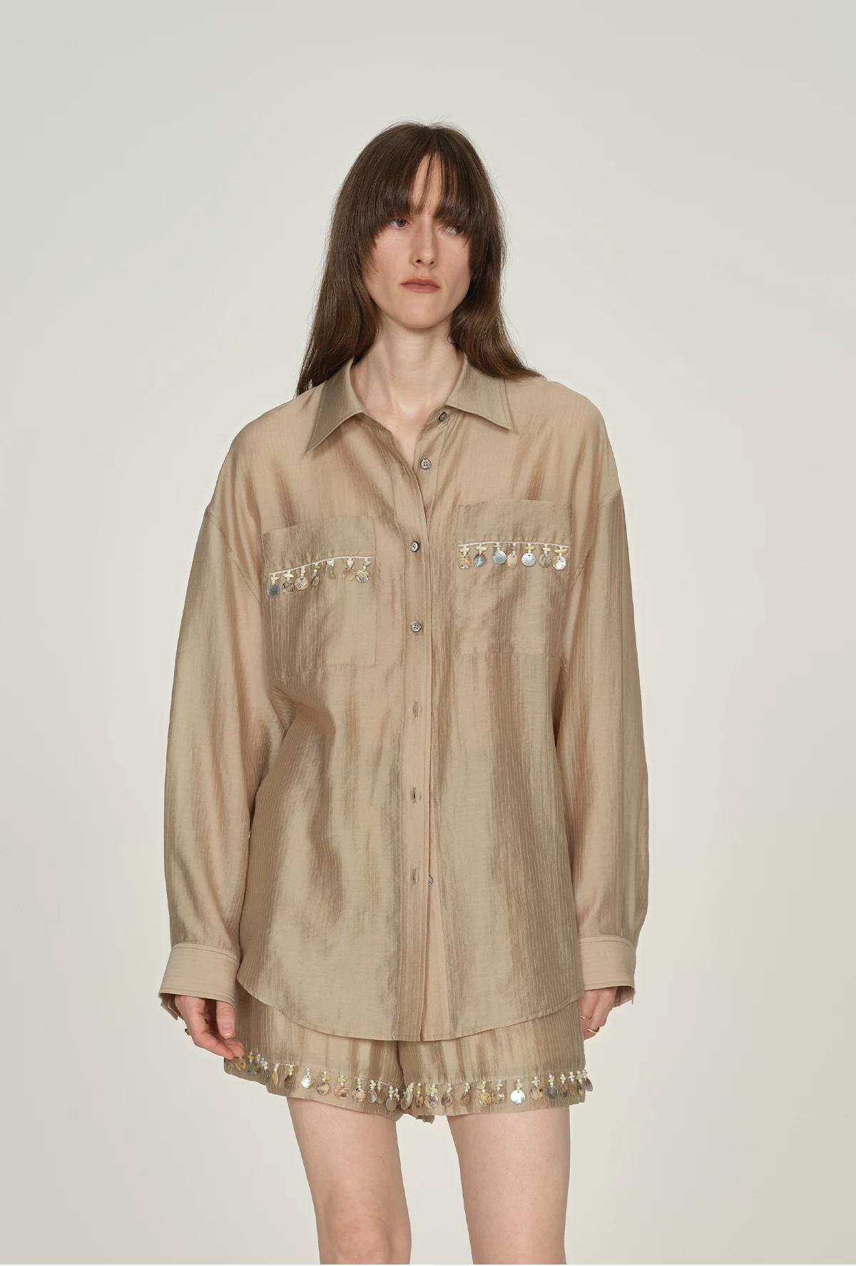 Women's Loose-Fit Lyocell Long-Sleeve Blouse with Shell Embellishment