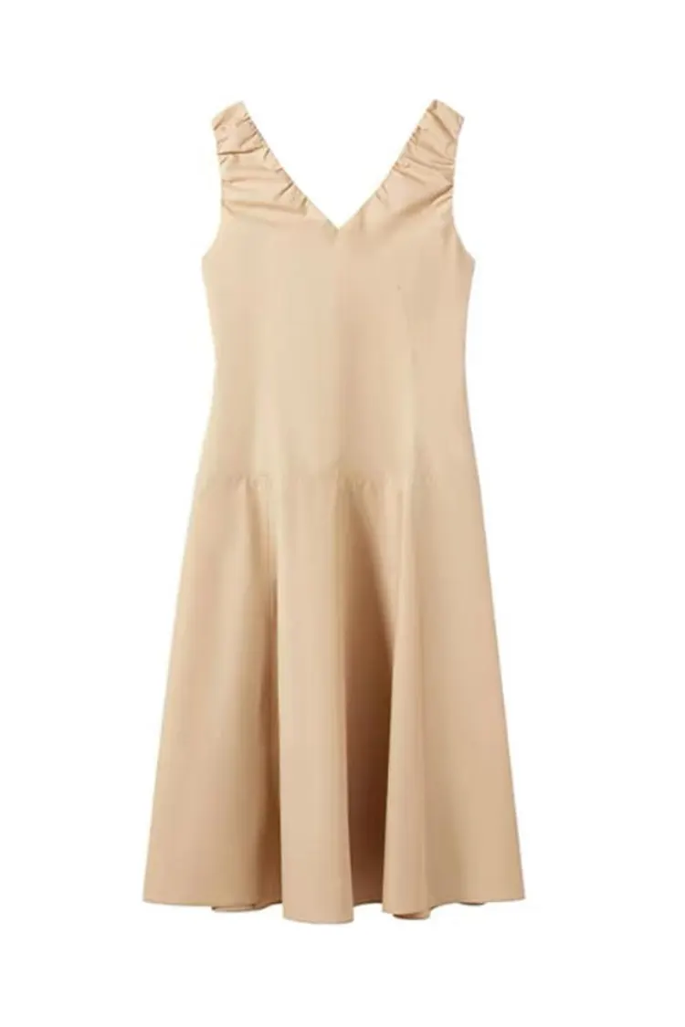 Women's New Khaki Office Sleeveless V-Neck Dress